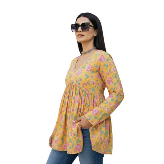 Short Kurti For Women | Yellow Long Sleeves Alia Cut Floral Short Kurti | Preet by Boldnaari
