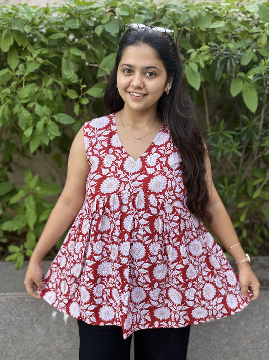 Mastani Red Sleeveless Alia Cut Short Kurti for Women | Cotton Cambric Floral Kurta Top