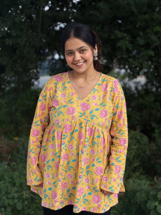 Short Kurti For Women | Yellow Long Sleeves Alia Cut Floral Short Kurti | Preet by Boldnaari