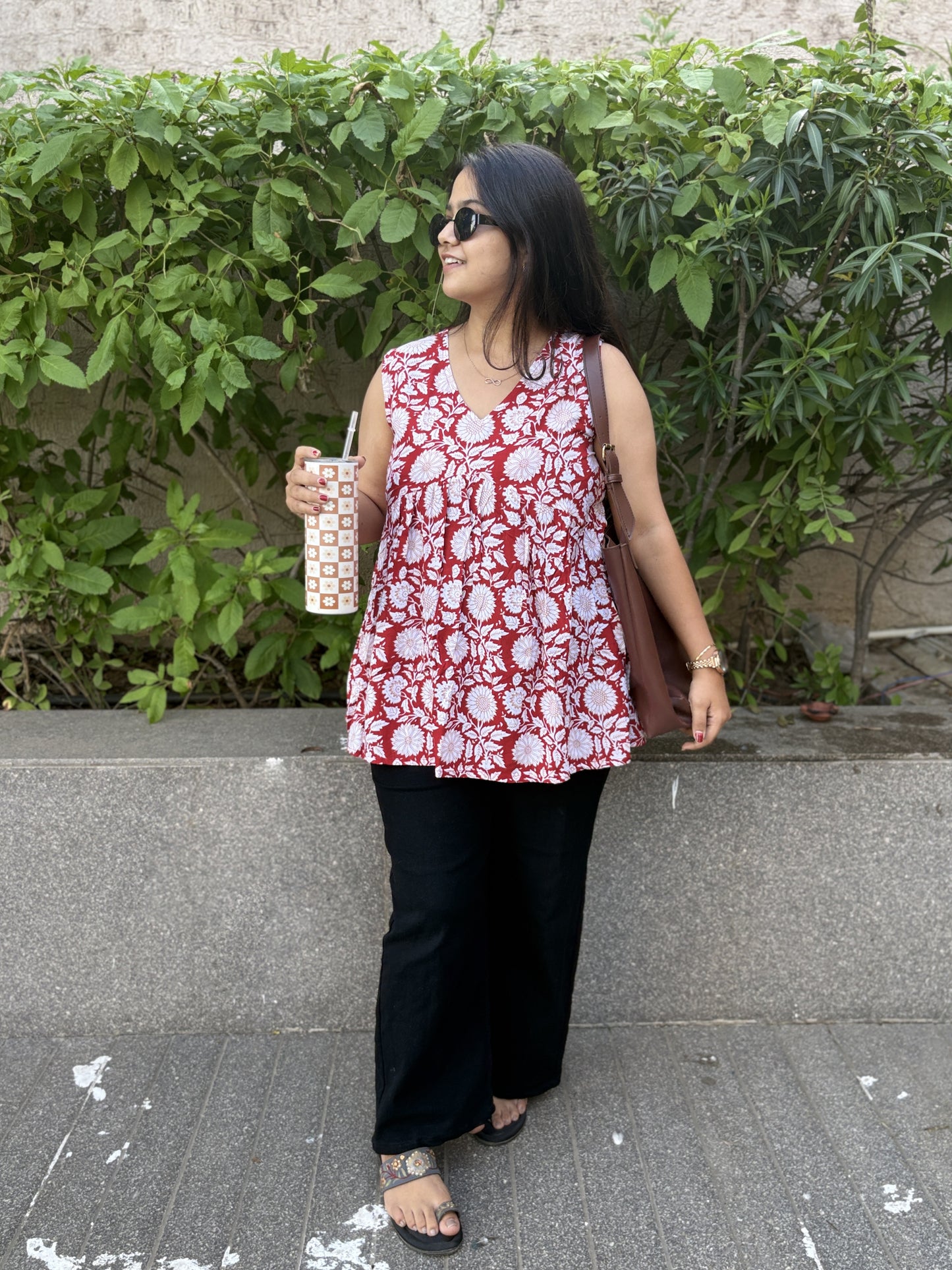 Mastani Red Sleeveless Alia Cut Short Kurti for Women | Cotton Cambric Floral Kurta Top