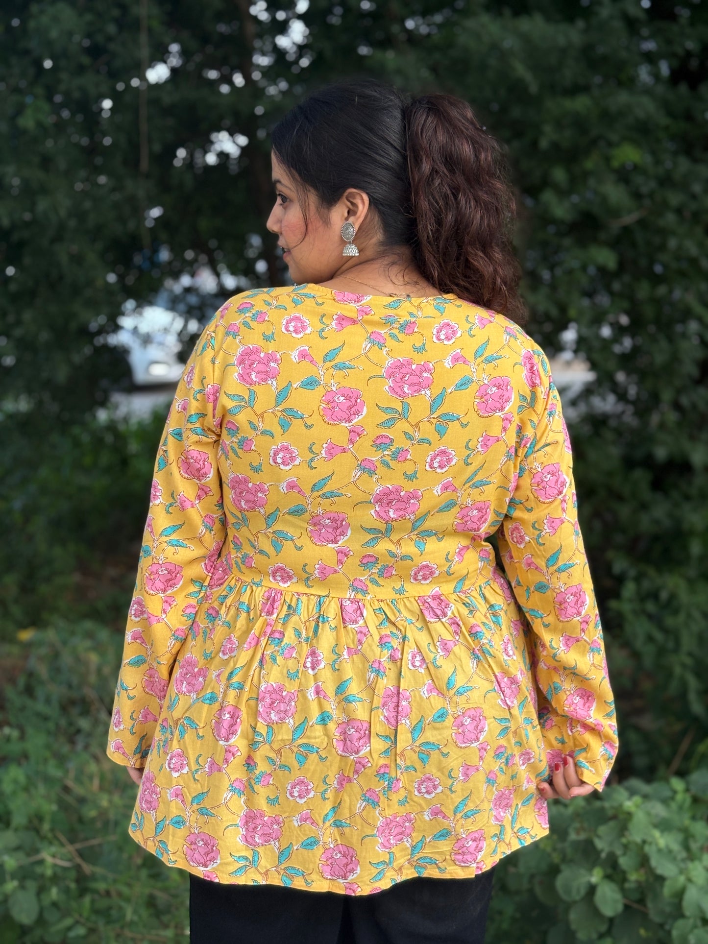 Short Kurti For Women | Yellow Long Sleeves Alia Cut Floral Short Kurti | Preet by Boldnaari