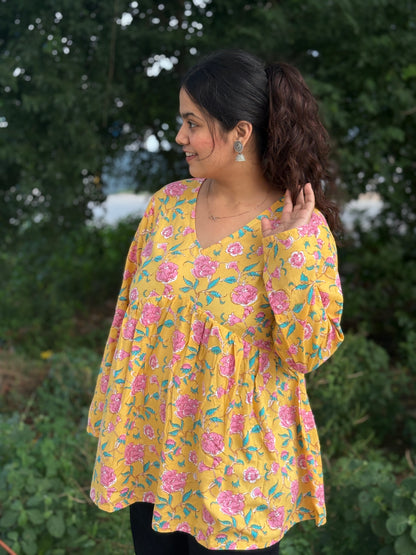 Short Kurti For Women | Yellow Long Sleeves Alia Cut Floral Short Kurti | Preet by Boldnaari