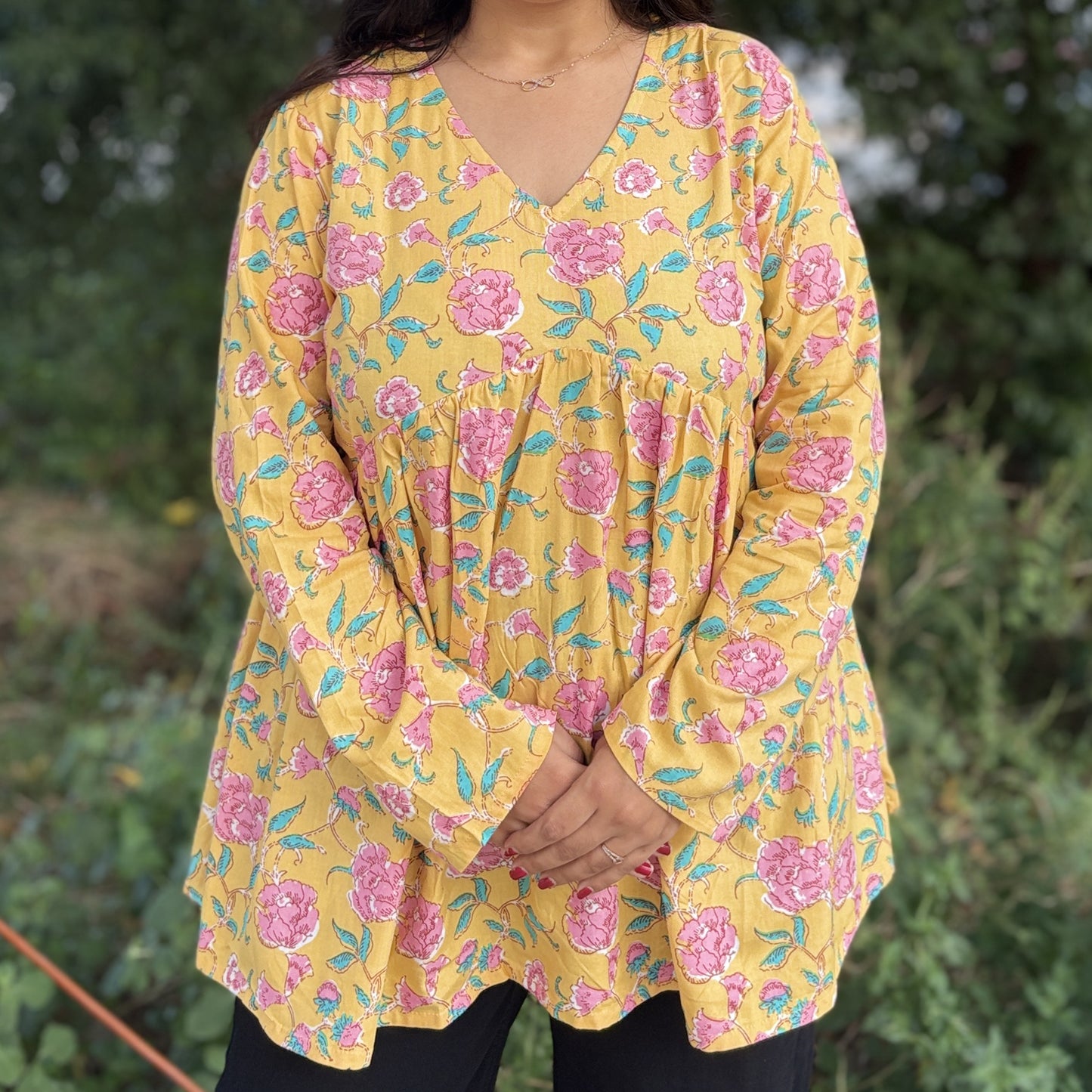 Short Kurti For Women | Yellow Long Sleeves Alia Cut Floral Short Kurti | Preet by Boldnaari