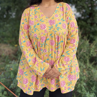 Short Kurti For Women | Yellow Long Sleeves Alia Cut Floral Short Kurti | Preet by Boldnaari