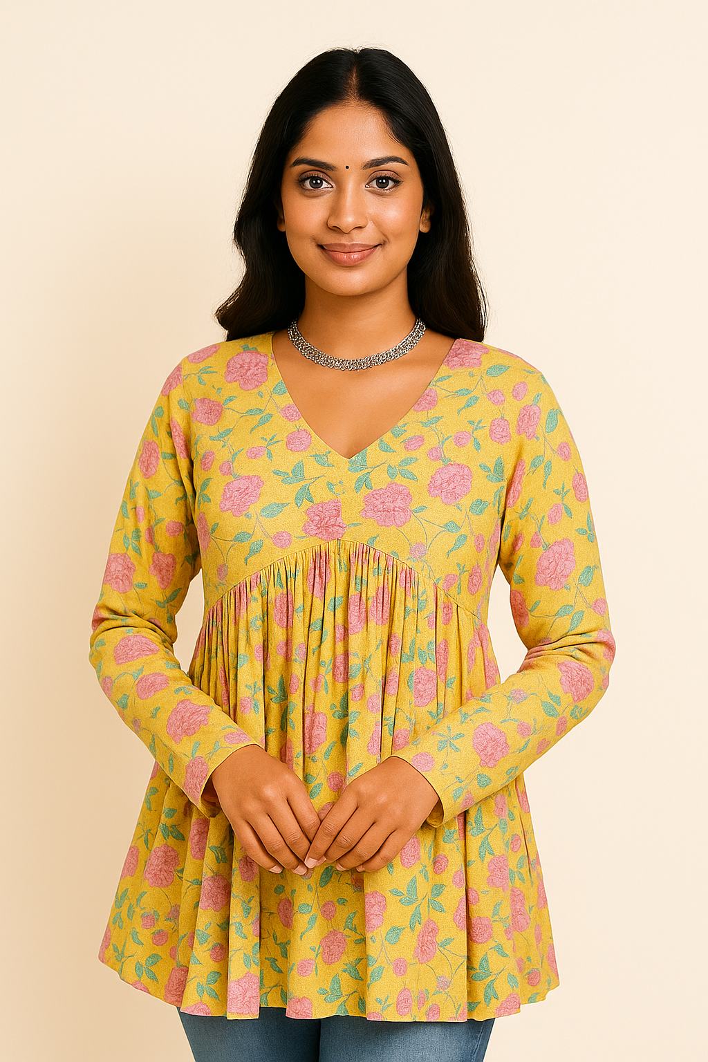 Short Kurti For Women | Yellow Long Sleeves Alia Cut Floral Short Kurti | Preet by Boldnaari