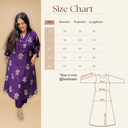 Women's Ethnic Purple Kurta Pant Set | V Neck Kurta Set | Floral Print Mirror Work Kurti | M to 3XL, A Line, Vatican Fabric | Aakruti by Boldnaari