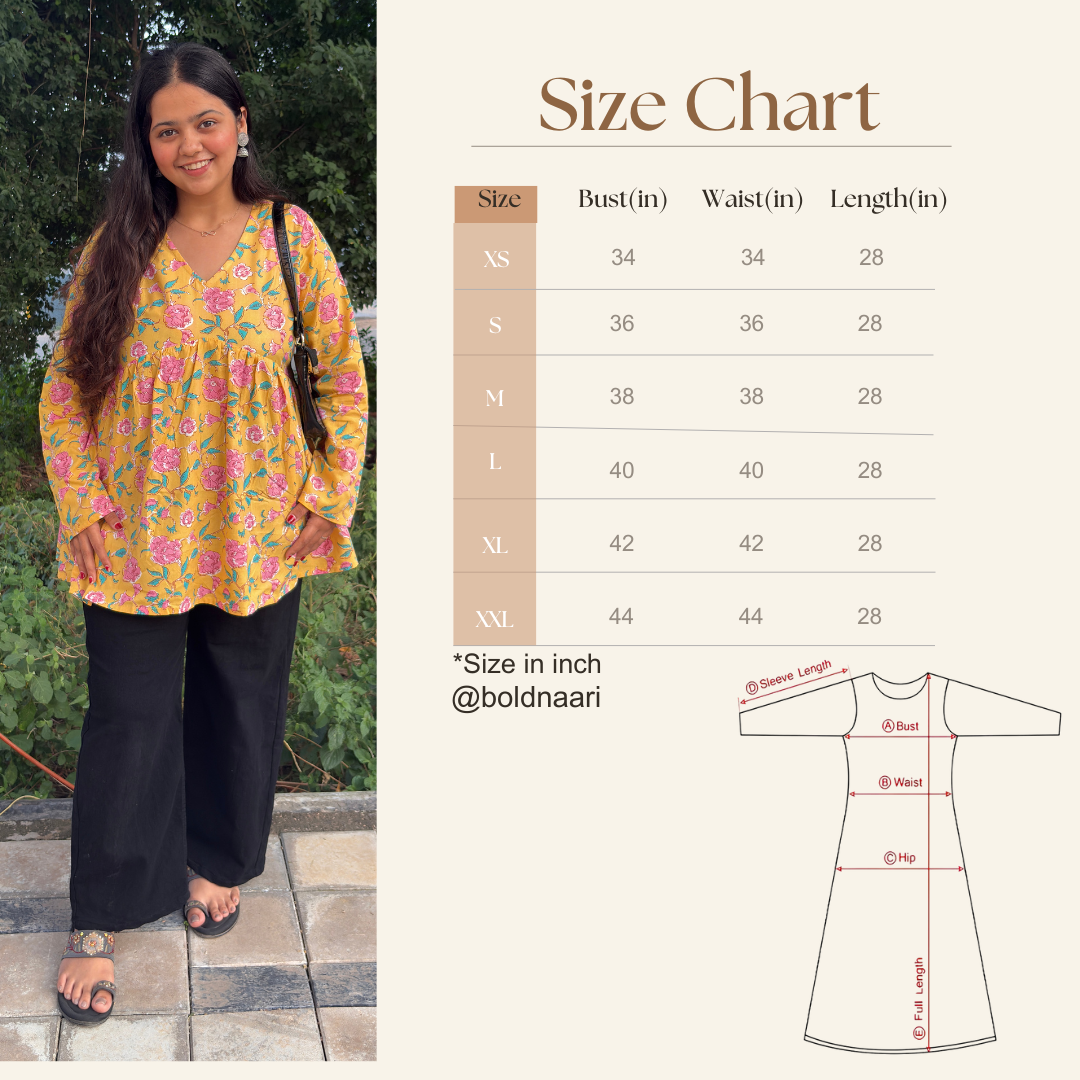 Short Kurti For Women | Yellow Long Sleeves Alia Cut Floral Short Kurti | Preet by Boldnaari