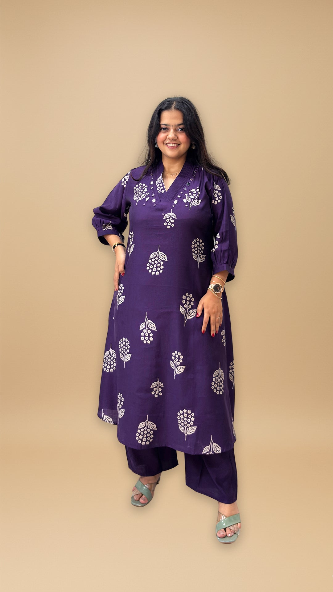 Women's Ethnic Purple Kurta Pant Set | V Neck Kurta Set | Floral Print Mirror Work Kurti | M to 3XL, A Line, Vatican Fabric | Aakruti by Boldnaari