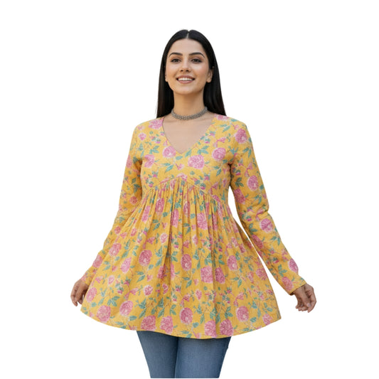 Short Kurti For Women | Yellow Long Sleeves Alia Cut Floral Short Kurti | Preet by Boldnaari