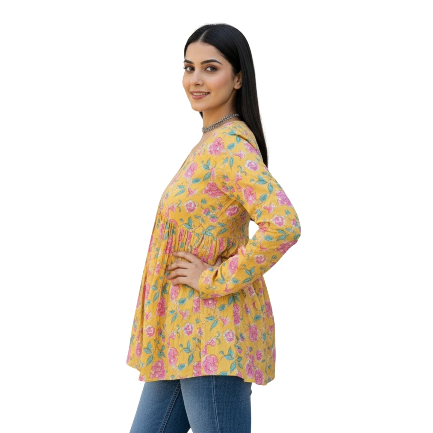 Short Kurti For Women | Yellow Long Sleeves Alia Cut Floral Short Kurti | Preet by Boldnaari