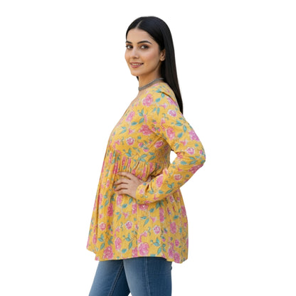 Short Kurti For Women | Yellow Long Sleeves Alia Cut Floral Short Kurti | Preet by Boldnaari