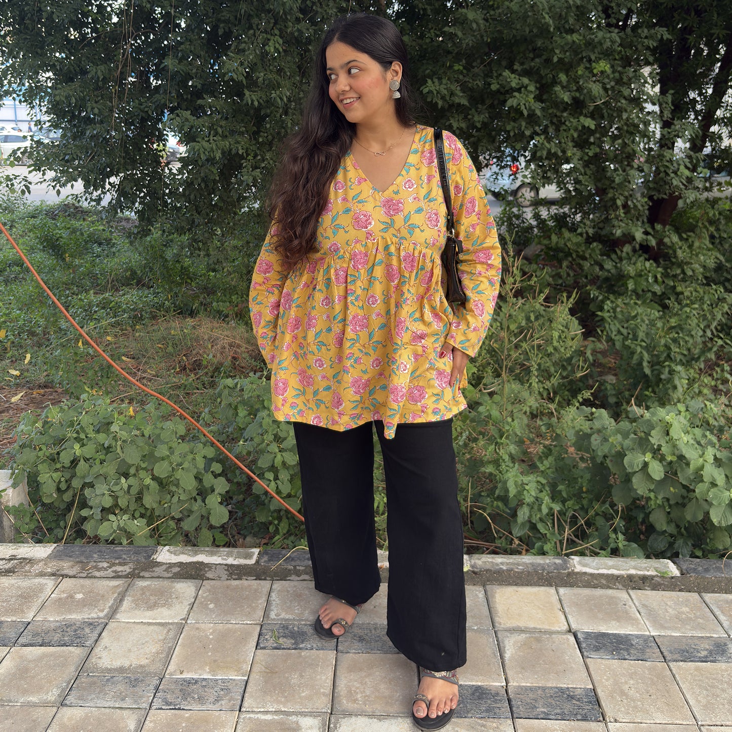 Short Kurti For Women | Yellow Long Sleeves Alia Cut Floral Short Kurti | Preet by Boldnaari