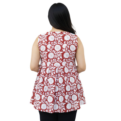 Mastani Red Sleeveless Alia Cut Short Kurti for Women | Cotton Cambric Floral Kurta Top
