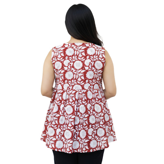 Mastani Red Sleeveless Alia Cut Short Kurti for Women | Cotton Cambric Floral Kurta Top