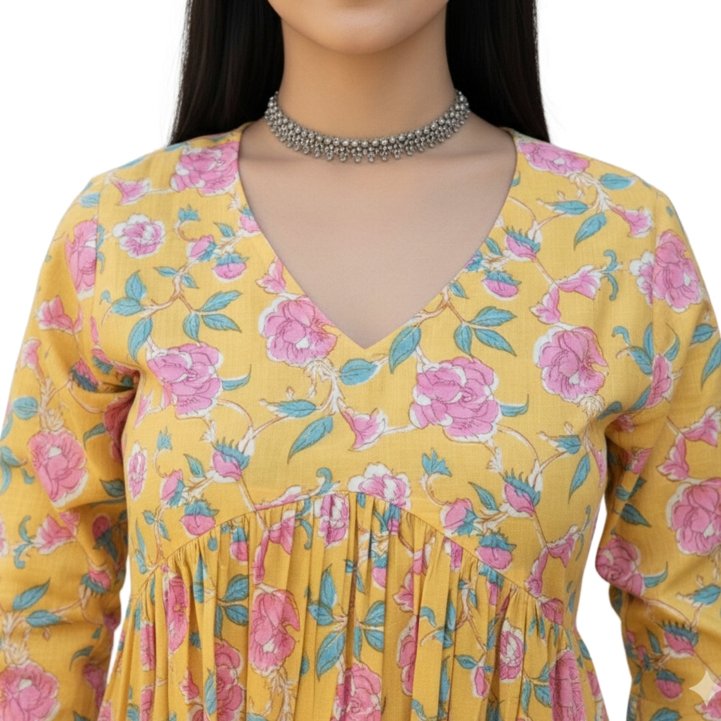 Short Kurti For Women | Yellow Long Sleeves Alia Cut Floral Short Kurti | Preet by Boldnaari