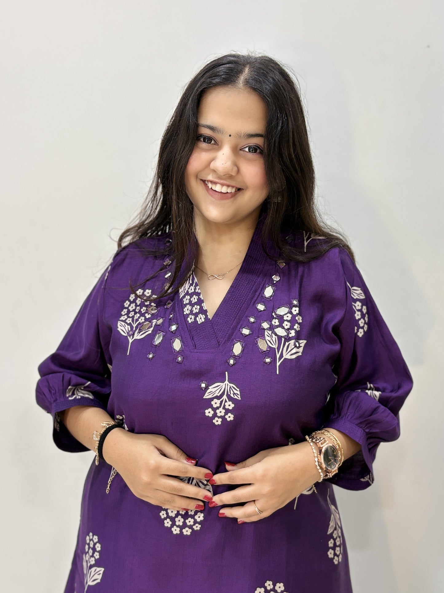 Women's Ethnic Purple Kurta Pant Set | V Neck Kurta Set | Floral Print Mirror Work Kurti | M to 3XL, A Line, Vatican Fabric | Aakruti by Boldnaari