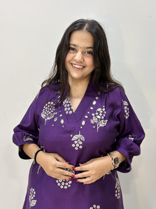 Women's Ethnic Purple Kurta Pant Set | V Neck Kurta Set | Floral Print Mirror Work Kurti | M to 3XL, A Line, Vatican Fabric | Aakruti by Boldnaari