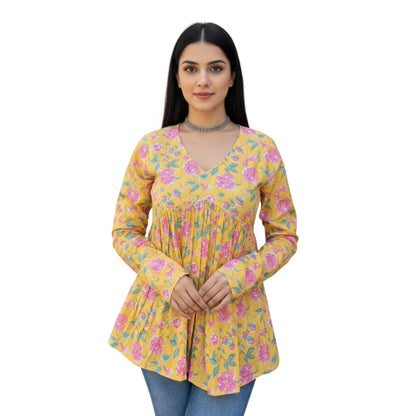 Short Kurti For Women | Yellow Long Sleeves Alia Cut Floral Short Kurti | Preet by Boldnaari