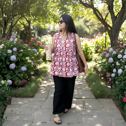 Mastani Red Sleeveless Alia Cut Short Kurti for Women | Cotton Cambric Floral Kurta Top