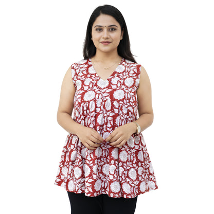 Mastani Red Sleeveless Alia Cut Short Kurti for Women | Cotton Cambric Floral Kurta Top