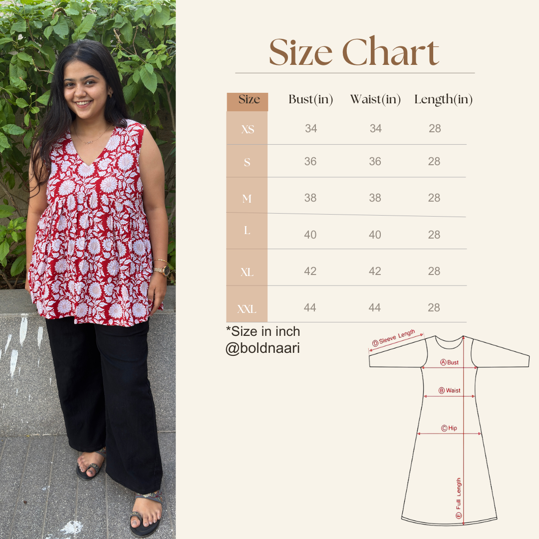 Mastani Red Sleeveless Alia Cut Short Kurti for Women | Cotton Cambric Floral Kurta Top