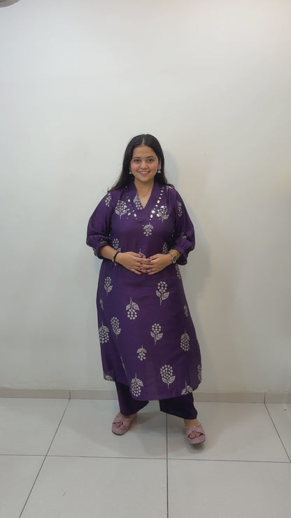 Women's Ethnic Purple Kurta Pant Set | V Neck Kurta Set | Floral Print Mirror Work Kurti | M to 3XL, A Line, Vatican Fabric | Aakruti by Boldnaari
