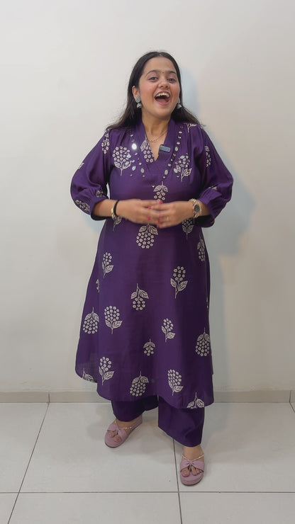 Women's Ethnic Purple Kurta Pant Set | V Neck Kurta Set | Floral Print Mirror Work Kurti | M to 3XL, A Line, Vatican Fabric | Aakruti by Boldnaari