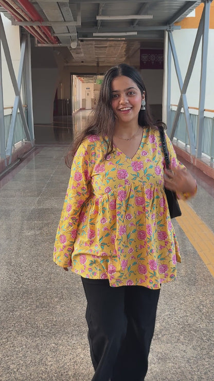 Short Kurti For Women | Yellow Long Sleeves Alia Cut Floral Short Kurti | Preet by Boldnaari