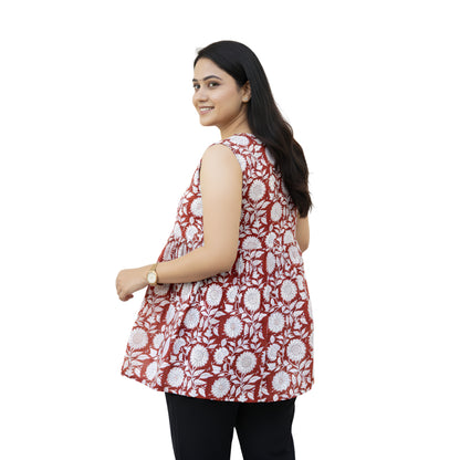 Mastani Red Sleeveless Alia Cut Short Kurti for Women | Cotton Cambric Floral Kurta Top