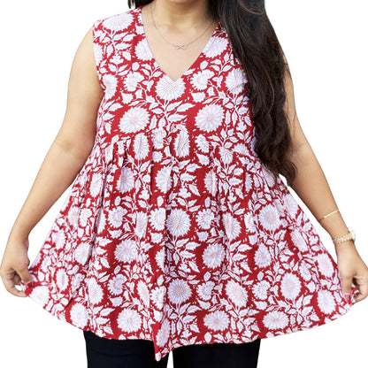 Mastani Red Sleeveless Alia Cut Short Kurti for Women | Cotton Cambric Floral Kurta Top