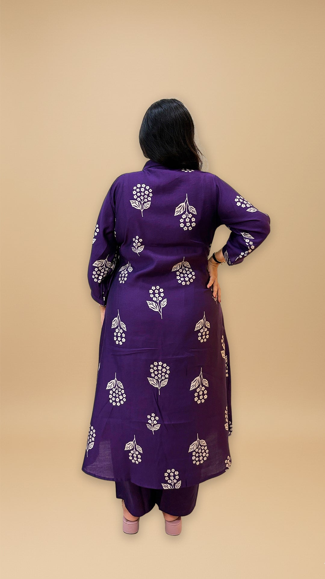 Women's Ethnic Purple Kurta Pant Set | V Neck Kurta Set | Floral Print Mirror Work Kurti | M to 3XL, A Line, Vatican Fabric | Aakruti by Boldnaari