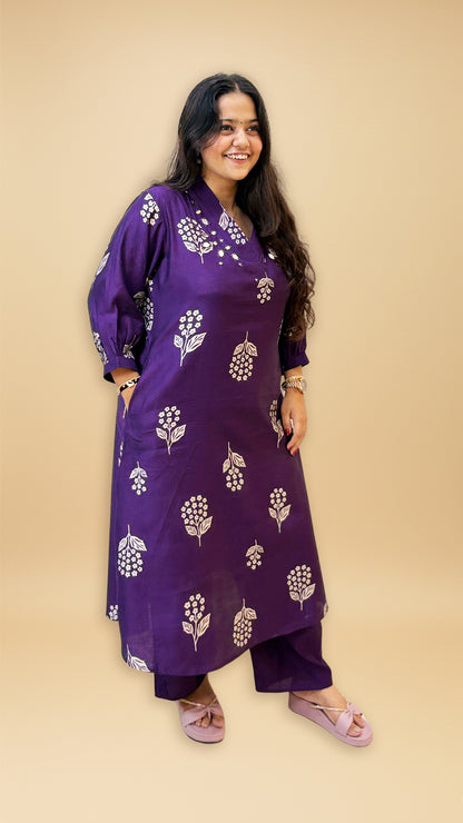 Women's Ethnic Purple Kurta Pant Set | V Neck Kurta Set | Floral Print Mirror Work Kurti | M to 3XL, A Line, Vatican Fabric | Aakruti by Boldnaari