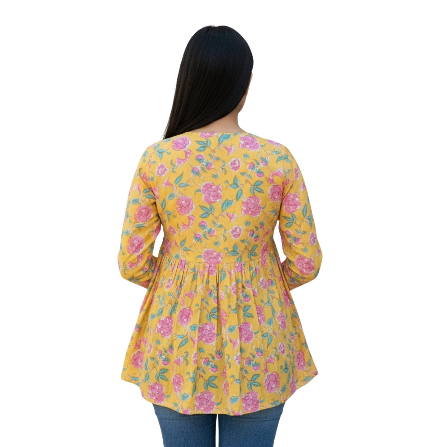 Short Kurti For Women | Yellow Long Sleeves Alia Cut Floral Short Kurti | Preet by Boldnaari